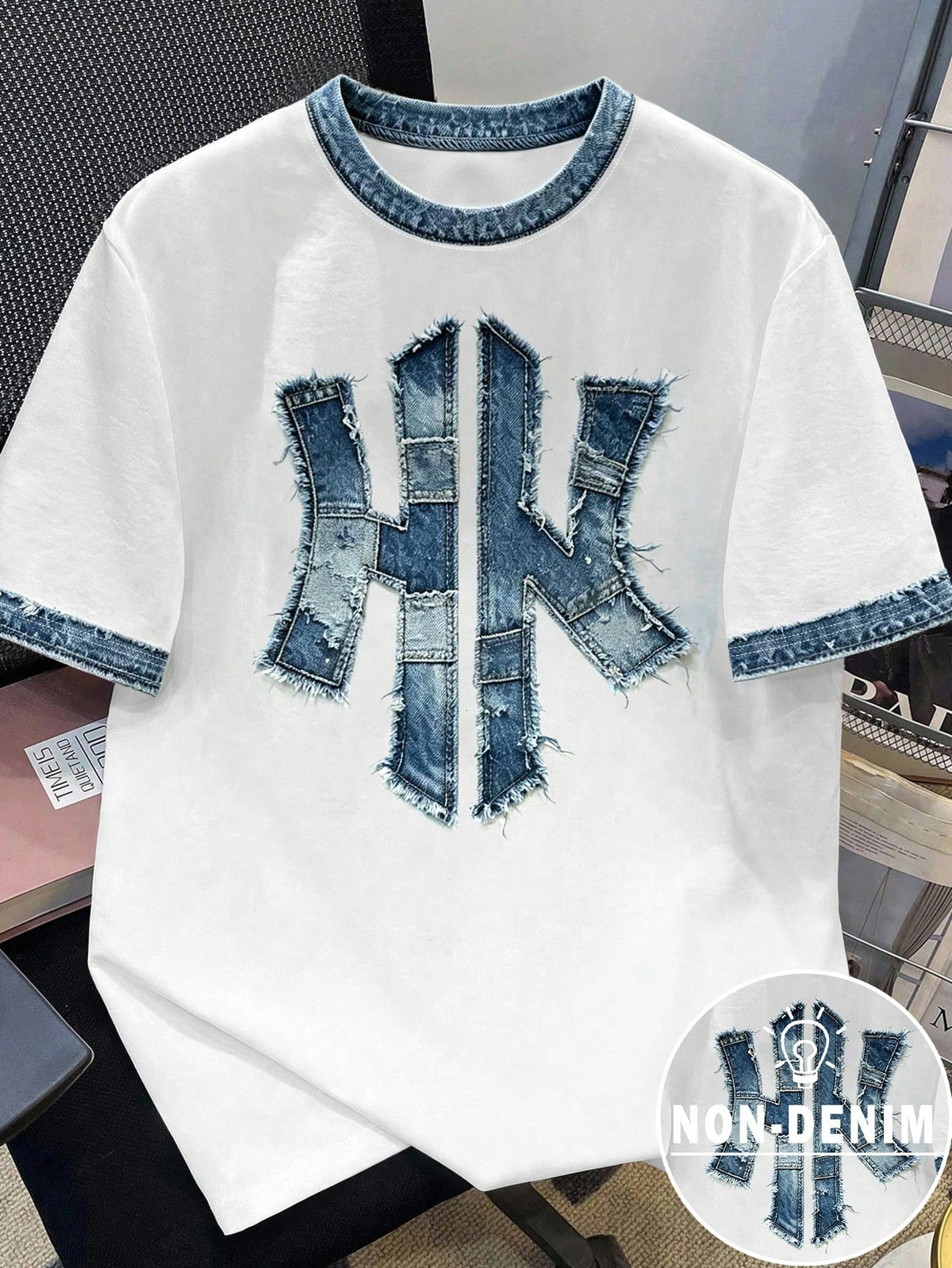 Men's Casual Streetwear Denim Printed Patchwork T-Shirt
