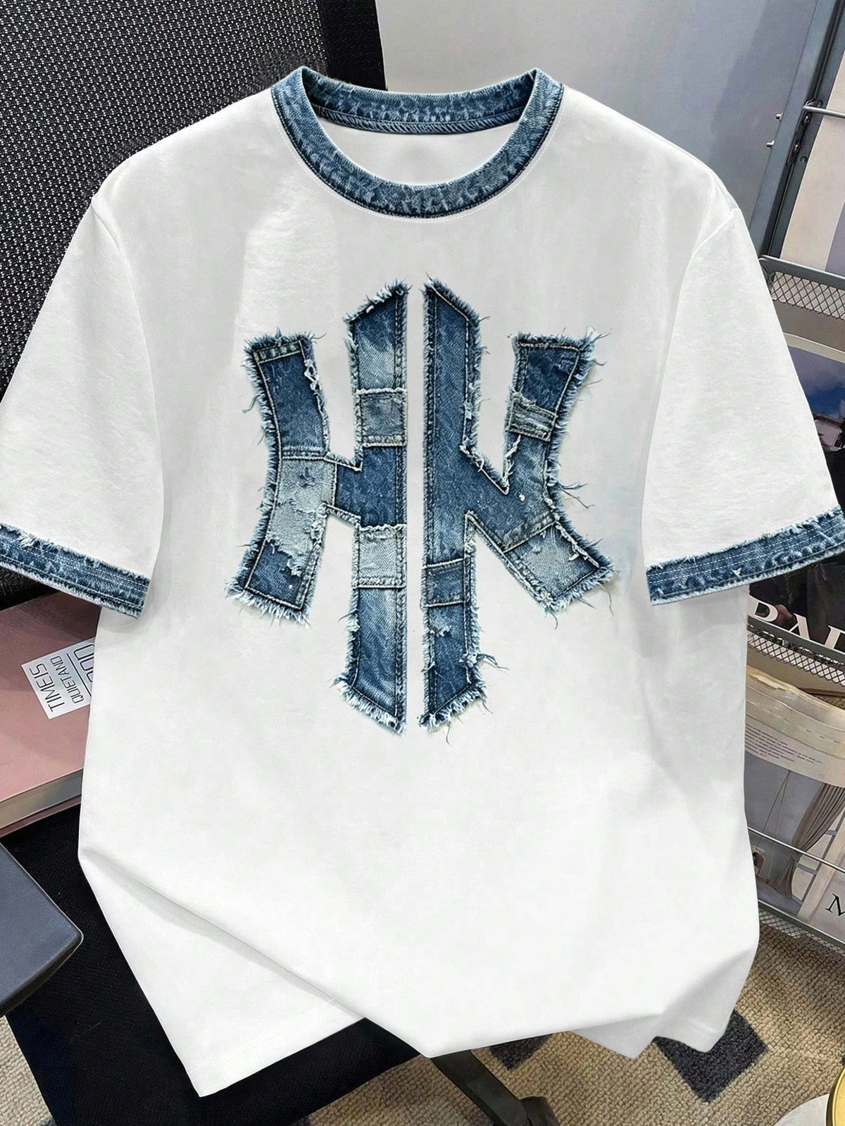 Men's Casual Streetwear Denim Printed Patchwork T-Shirt