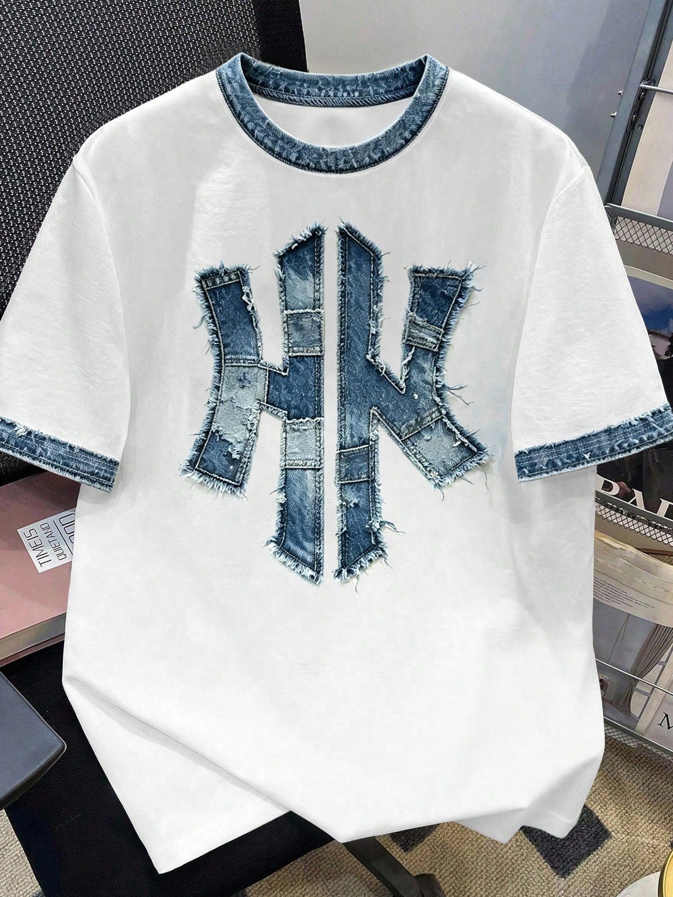 Men's Casual Streetwear Denim Printed Patchwork T-Shirt