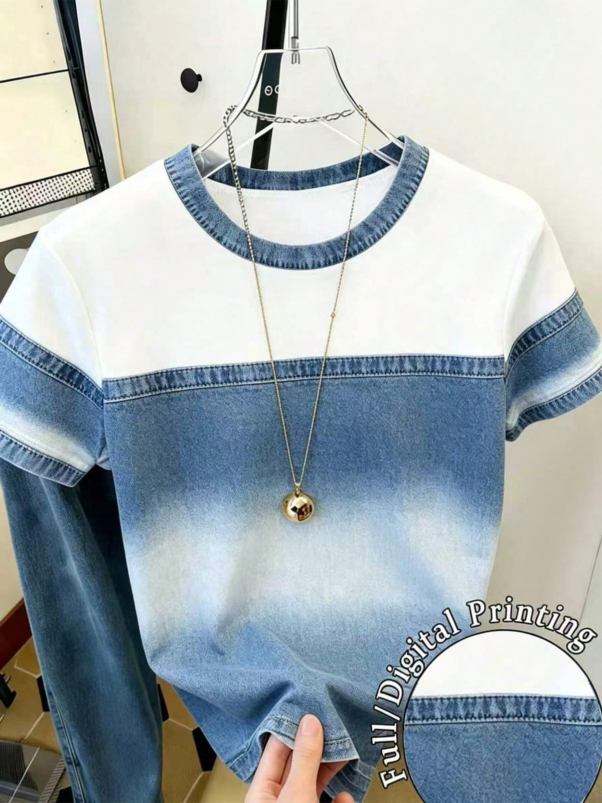 Women's Casual Denim Print Patchwork Streetwear T-Shirt