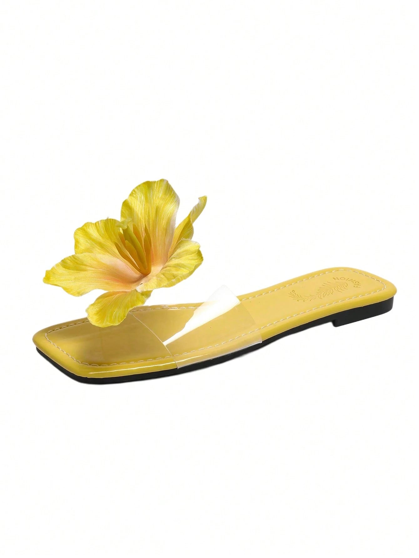 SHEIN Floral Decor Square Toe Flat Sandals Yellow