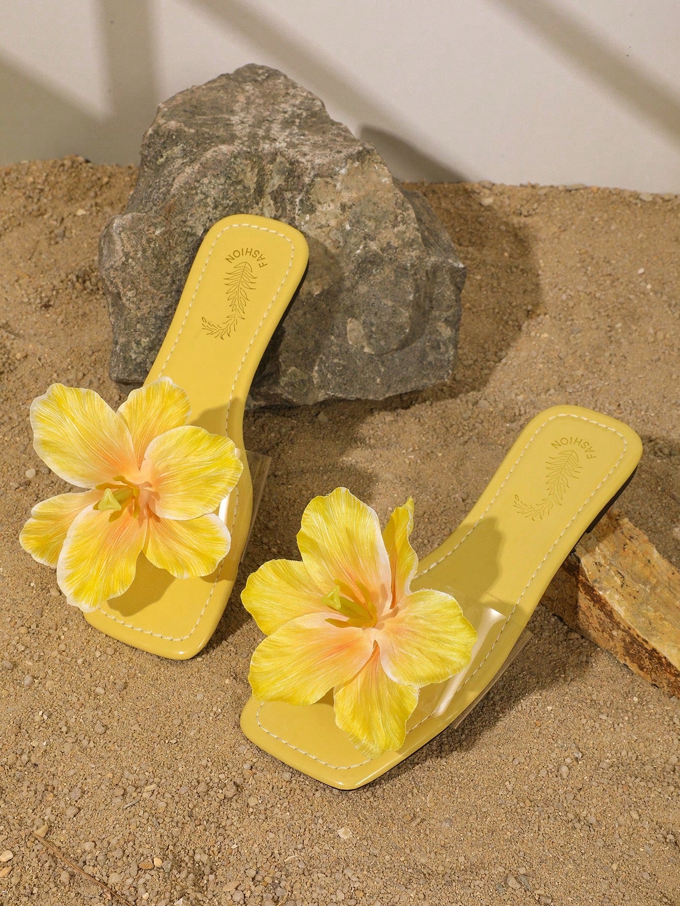 SHEIN Floral Decor Square Toe Flat Sandals Yellow