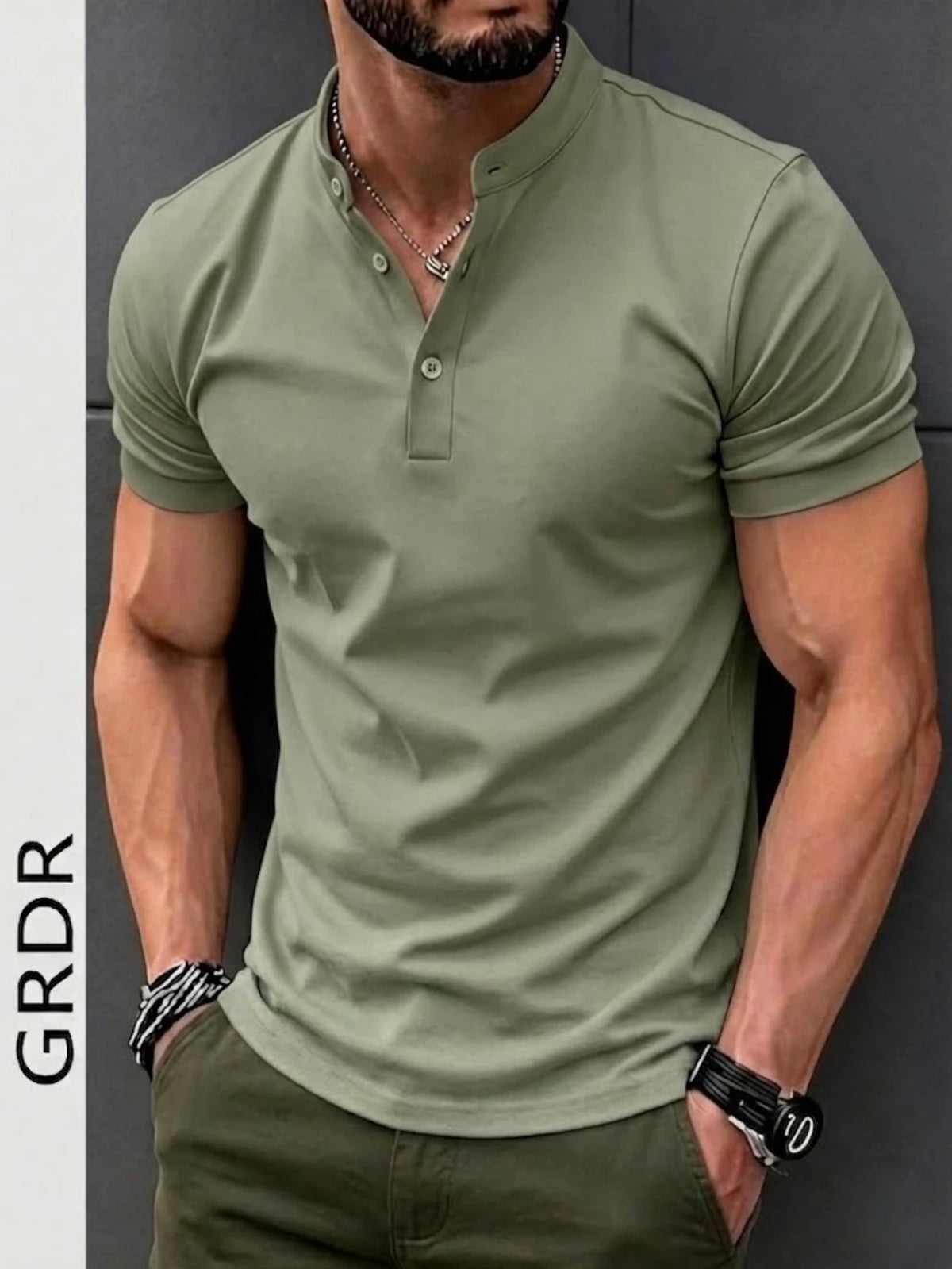 Men's Classic Solid Color Henley Collar Short Sleeve T-Shirt Olive Green