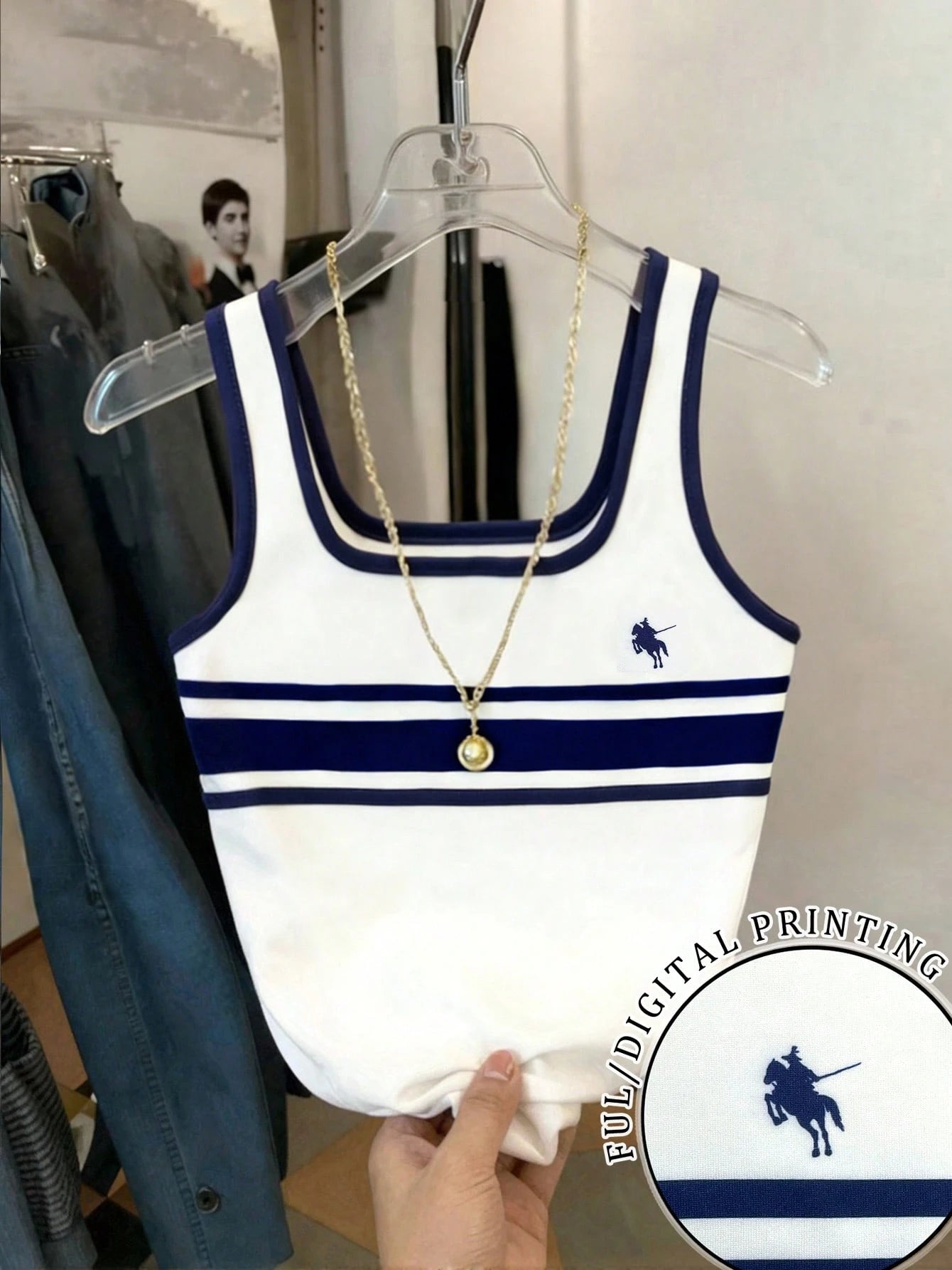 Women's Casual Knight Print Striped Trim Fitted Tank Top