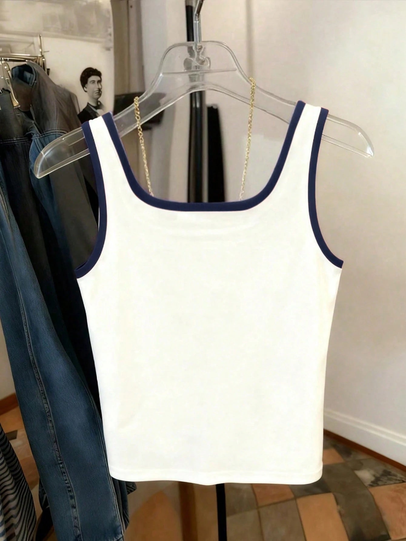 Women's Casual Knight Print Striped Trim Fitted Tank Top