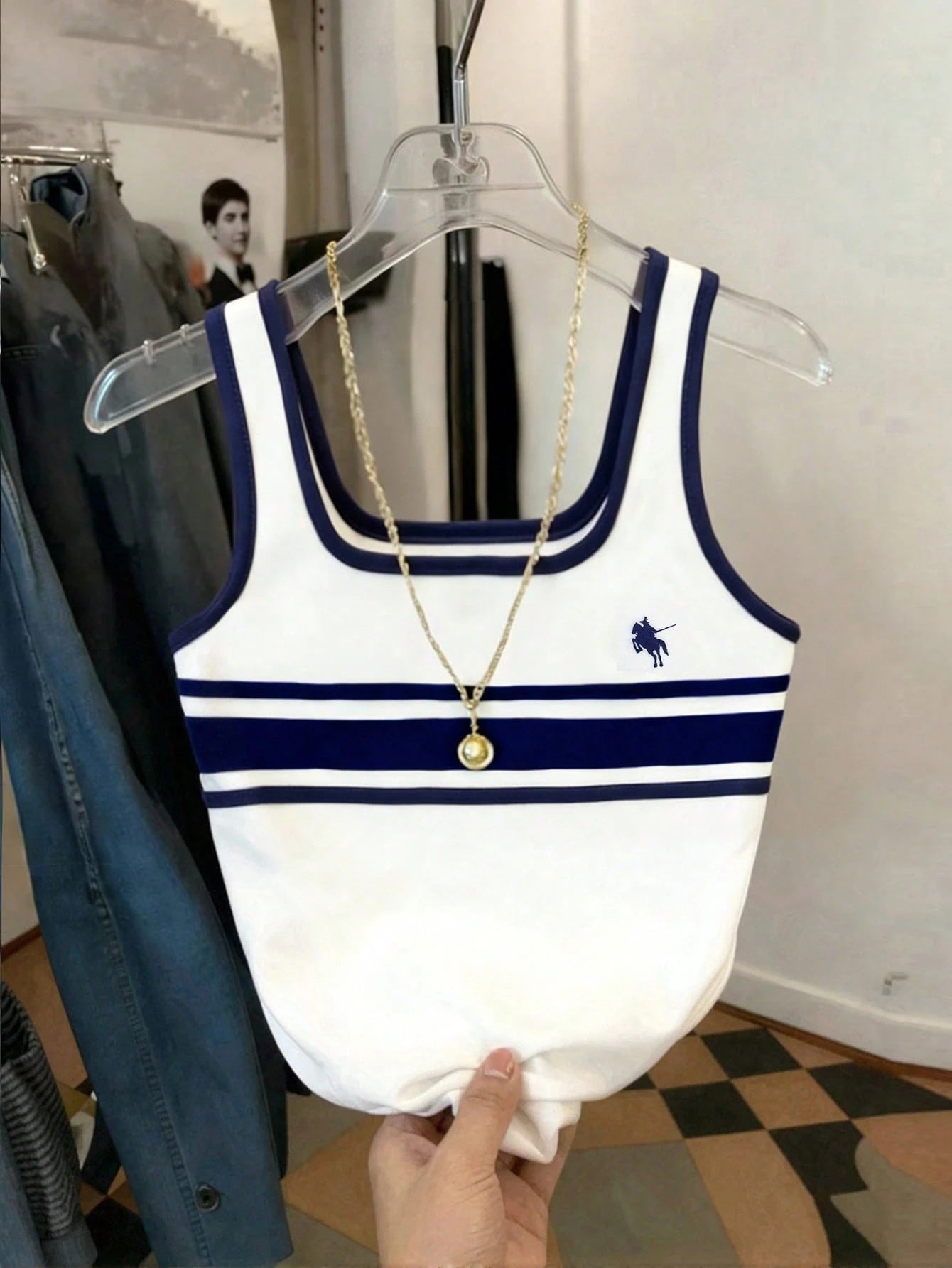 Women's Casual Knight Print Striped Trim Fitted Tank Top