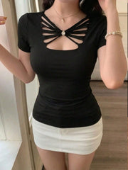 Women's Hollow Butterfly Short Sleeve Stretchy Fitted T-Shirt