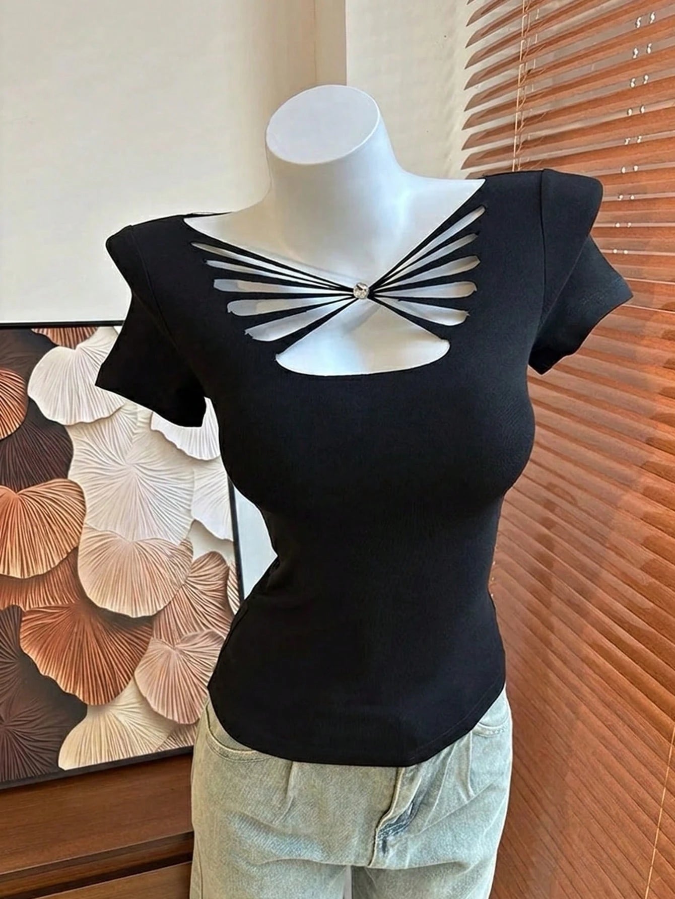 Women's Hollow Butterfly Short Sleeve Stretchy Fitted T-Shirt