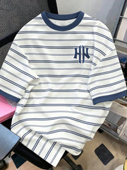 Men's Striped Letter Print Short Sleeve Casual T-Shirt