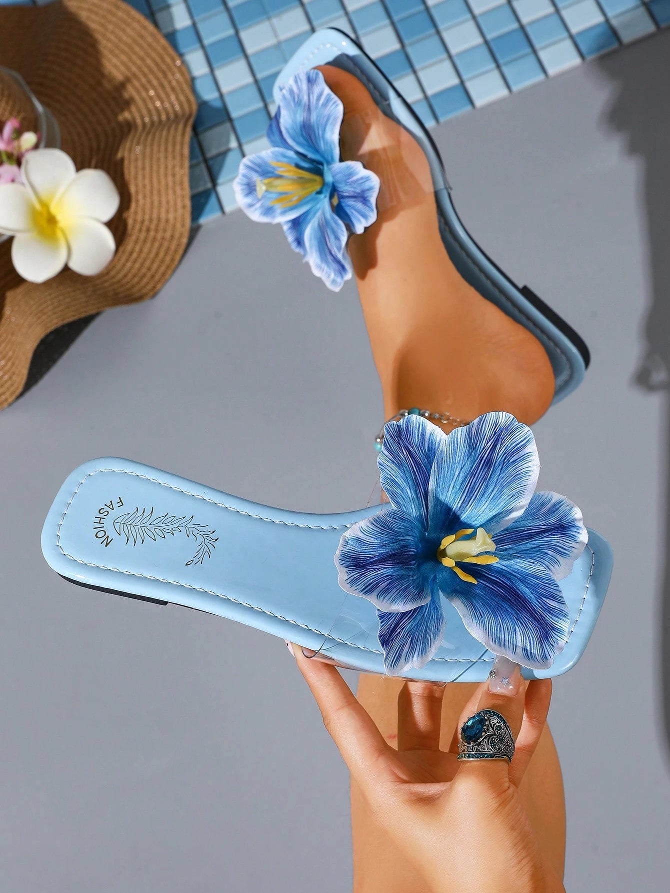 Women's Floral Decor Square Toe Casual Flat Slide Sandals