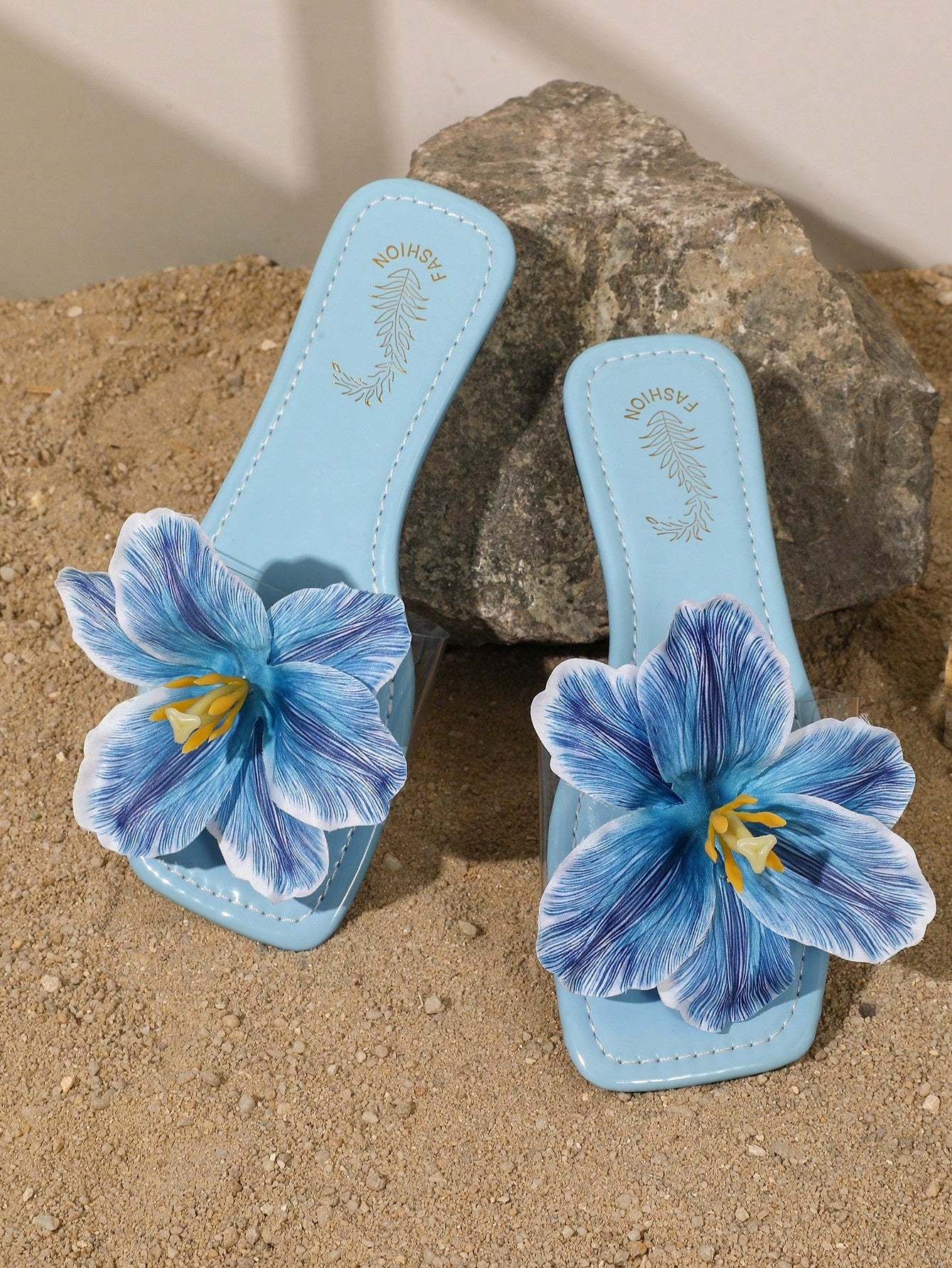 Women's Floral Decor Square Toe Casual Flat Slide Sandals