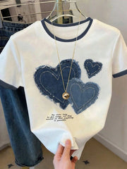 Girls' Heart Print Short Sleeve Casual White T-Shirt