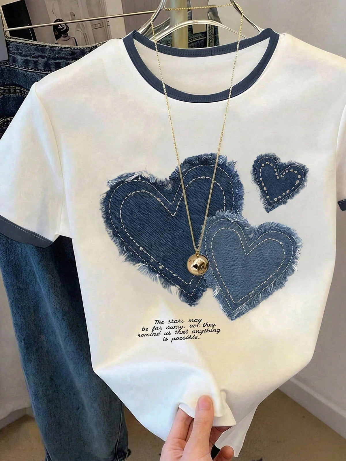 Girls' Heart Print Short Sleeve Casual White T-Shirt