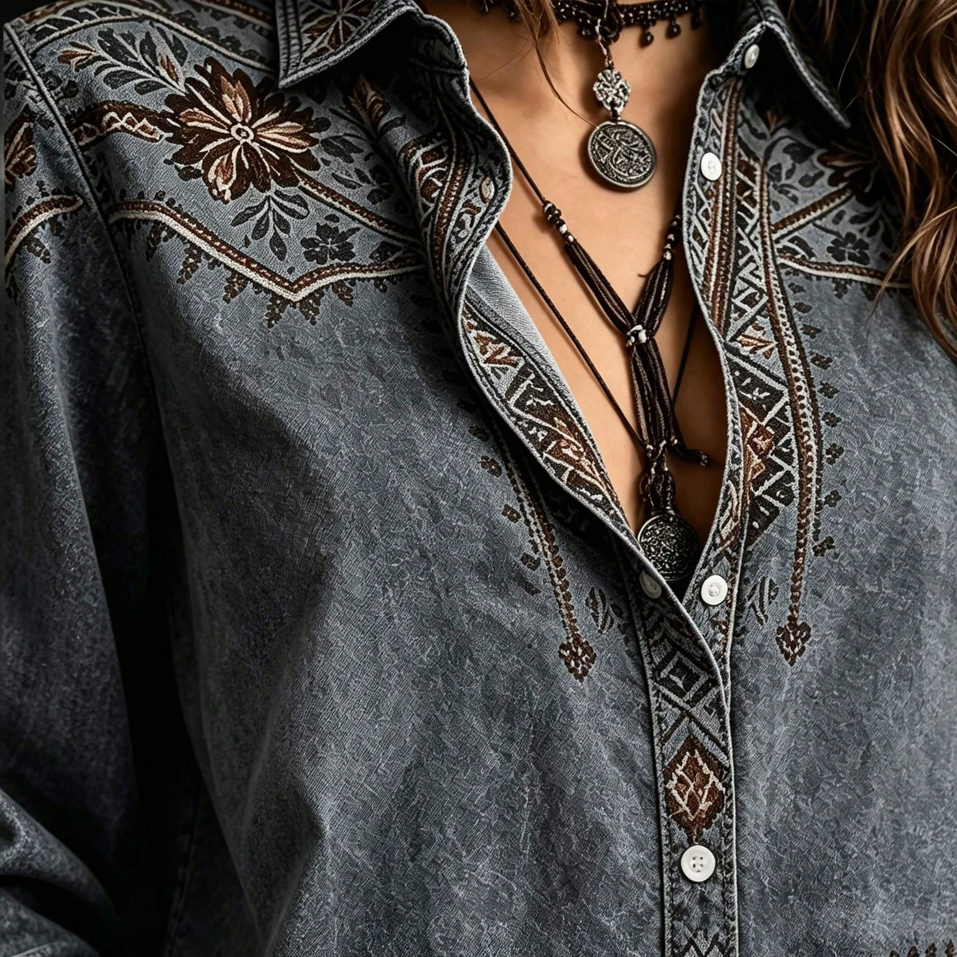 Women's Plus Size Geometric Print Button Front Long Sleeve Shirt