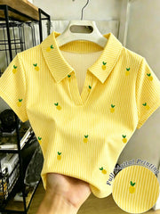 Women's Striped Knit Lemon V-Neck Short Sleeve Polo Shirt