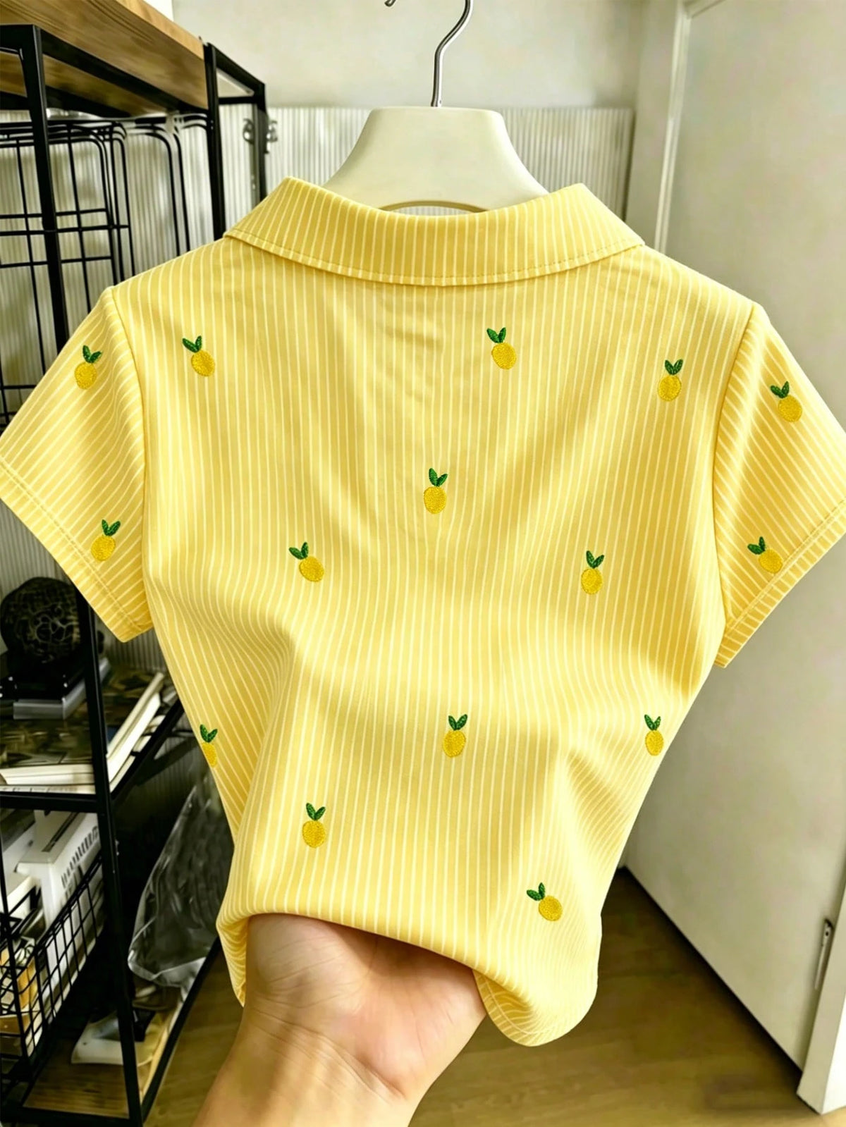 Women's Striped Knit Lemon V-Neck Short Sleeve Polo Shirt