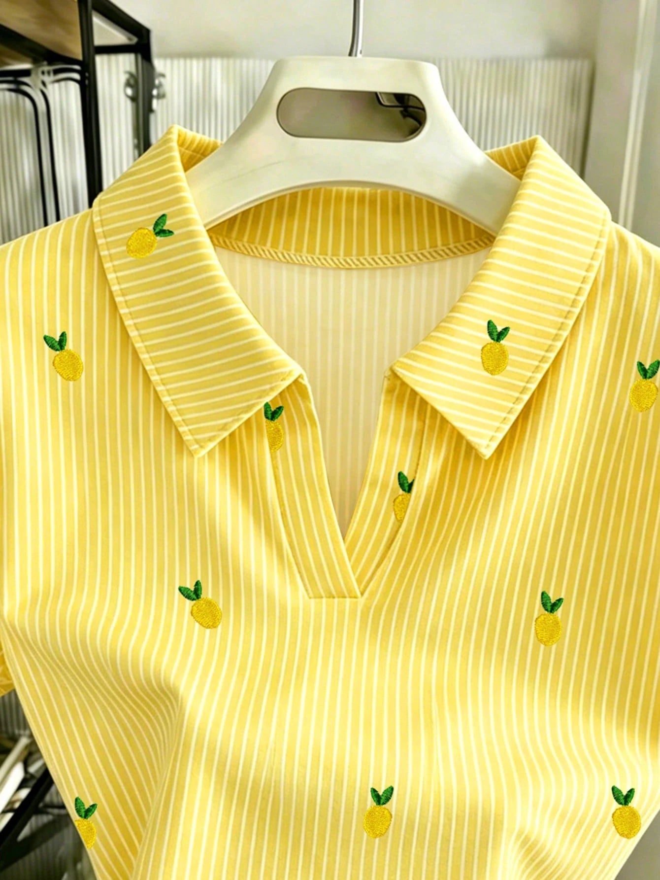 Women's Striped Knit Lemon V-Neck Short Sleeve Polo Shirt