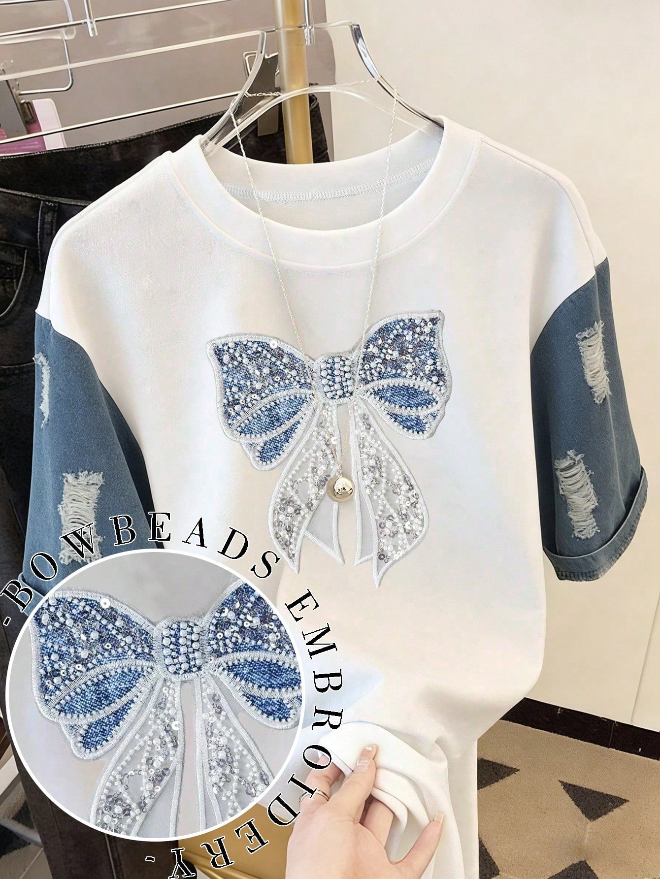 Women's Casual Pearl Bow Patch Round Neck Short Sleeve T-Shirt