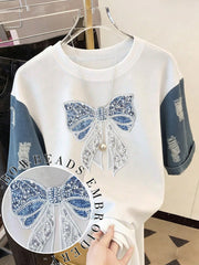 Women's Casual Pearl Bow Patch Round Neck Short Sleeve T-Shirt