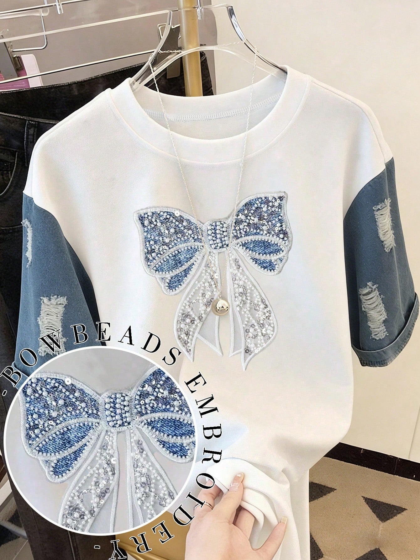 Women's Casual Pearl Bow Patch Round Neck Short Sleeve T-Shirt
