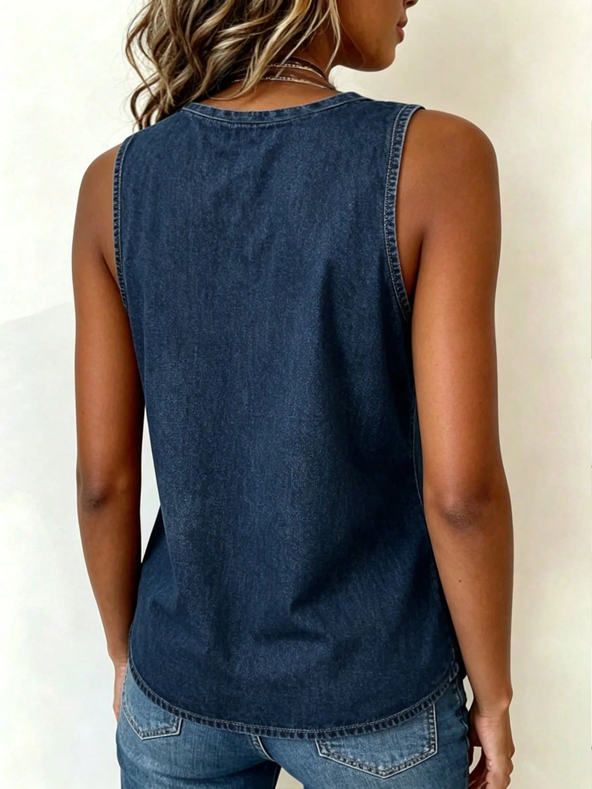Women's Denim Effect Print Contrast V-Neck Sleeveless Top