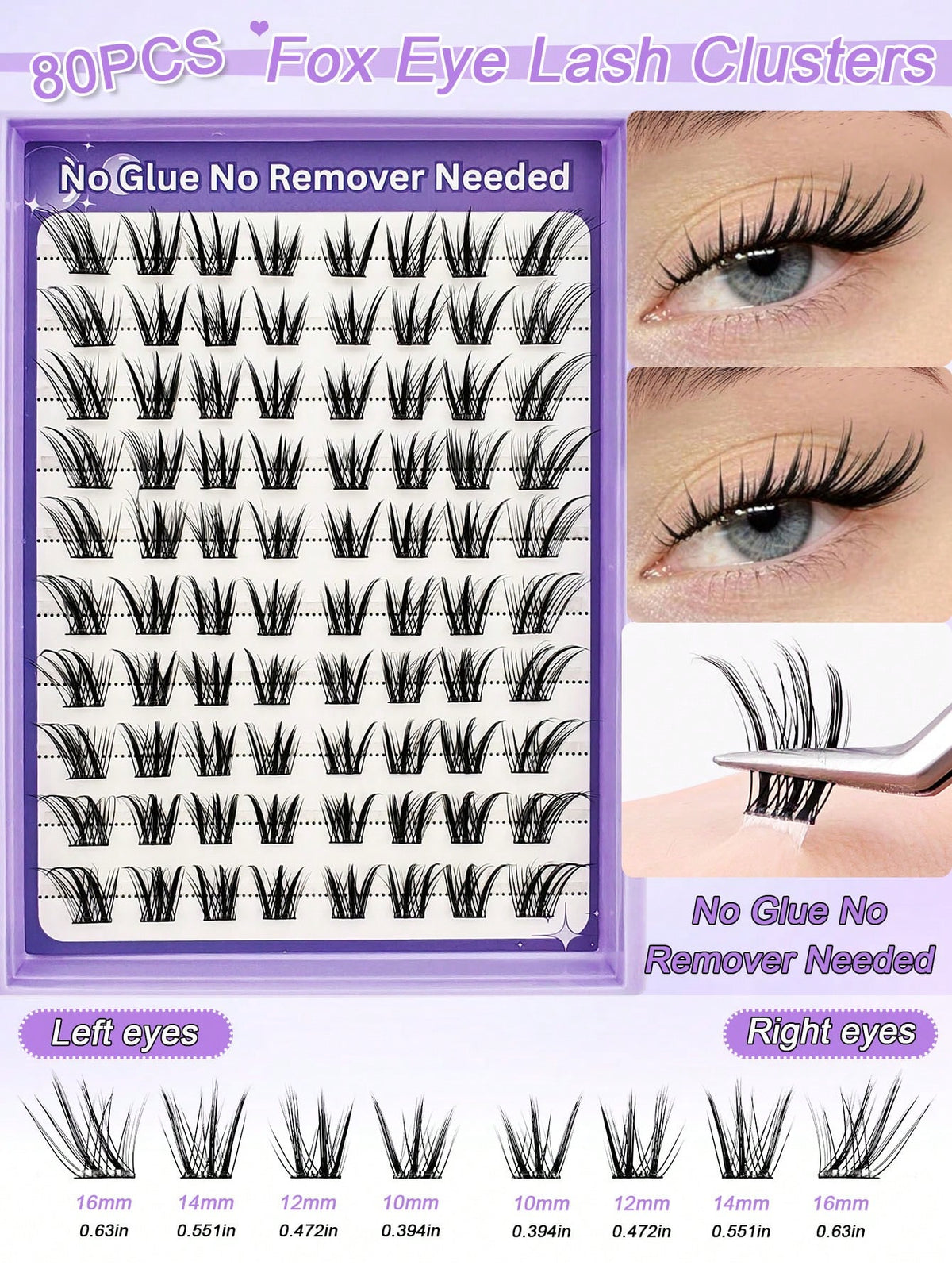 Women's 80pcs C Curl Self-Adhesive Fox Eye Eyelash Cluster Set