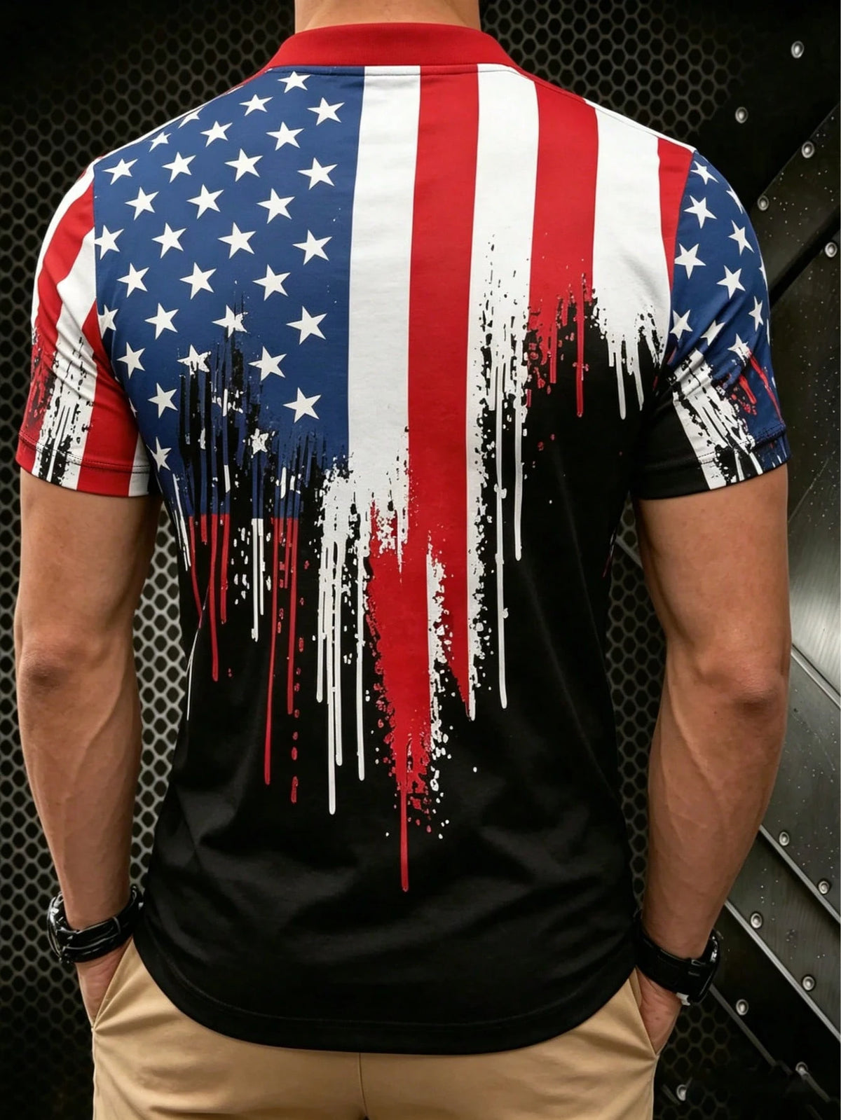 Men's Casual Flag Print Henley Button Short Sleeve T-Shirt