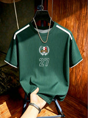 Men's Casual Badge Numeral Print Contrast Trim Short Sleeve Sports T-Shirt Black