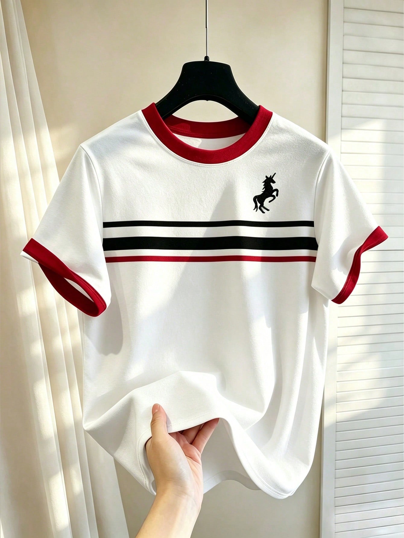 Men's Preppy Stripe Horse Print Short Sleeve T-Shirt