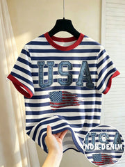 Manfinity Hypemode Men's USA Flag Blue And White Stripe T-Shirt,Patriotic Independence Day Casual Top For Summer,Streetwear,Going Out,4th Of July,Women,Teens & Students