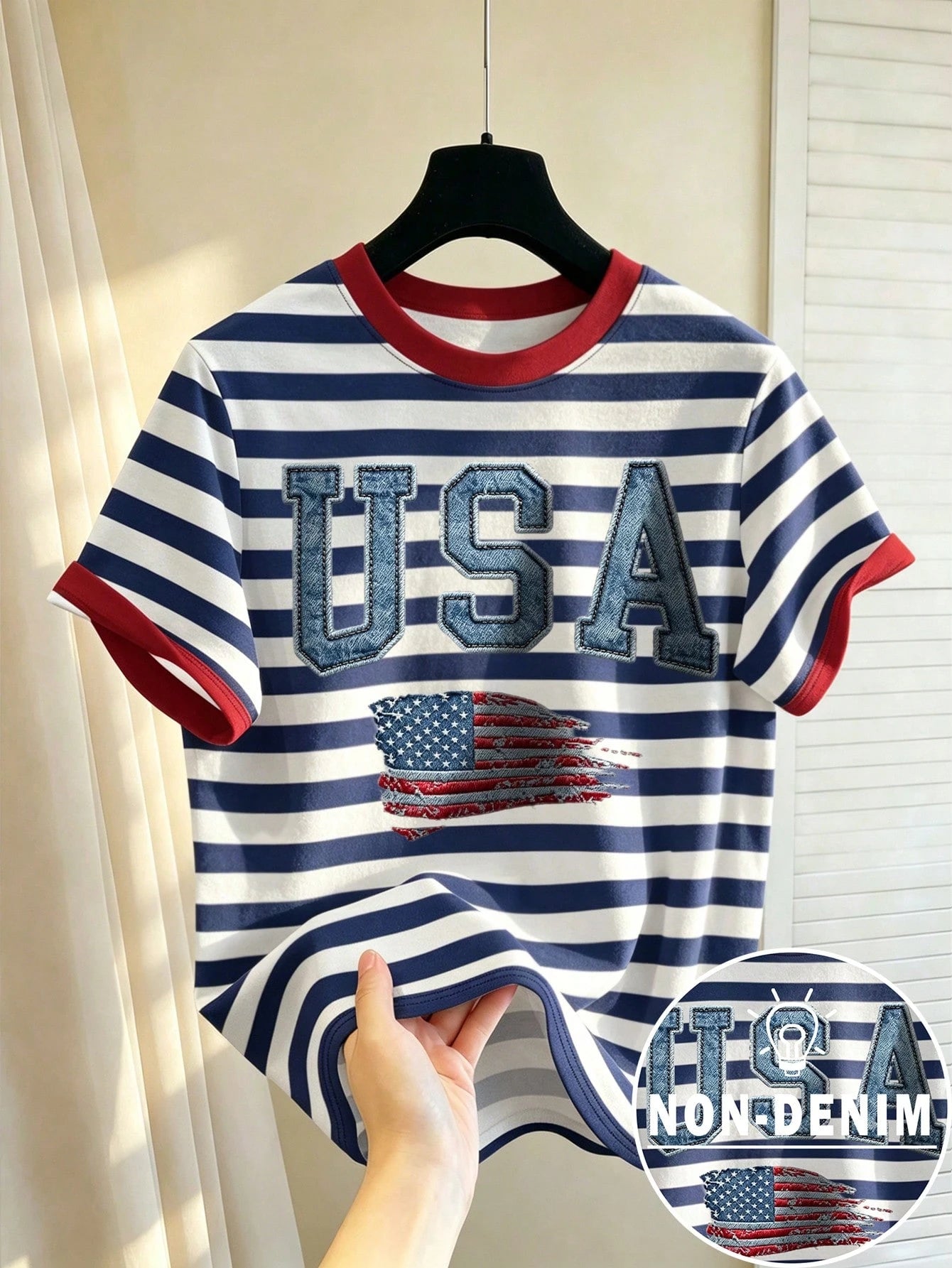 Manfinity Hypemode Men's USA Flag Blue And White Stripe T-Shirt,Patriotic Independence Day Casual Top For Summer,Streetwear,Going Out,4th Of July,Women,Teens & Students