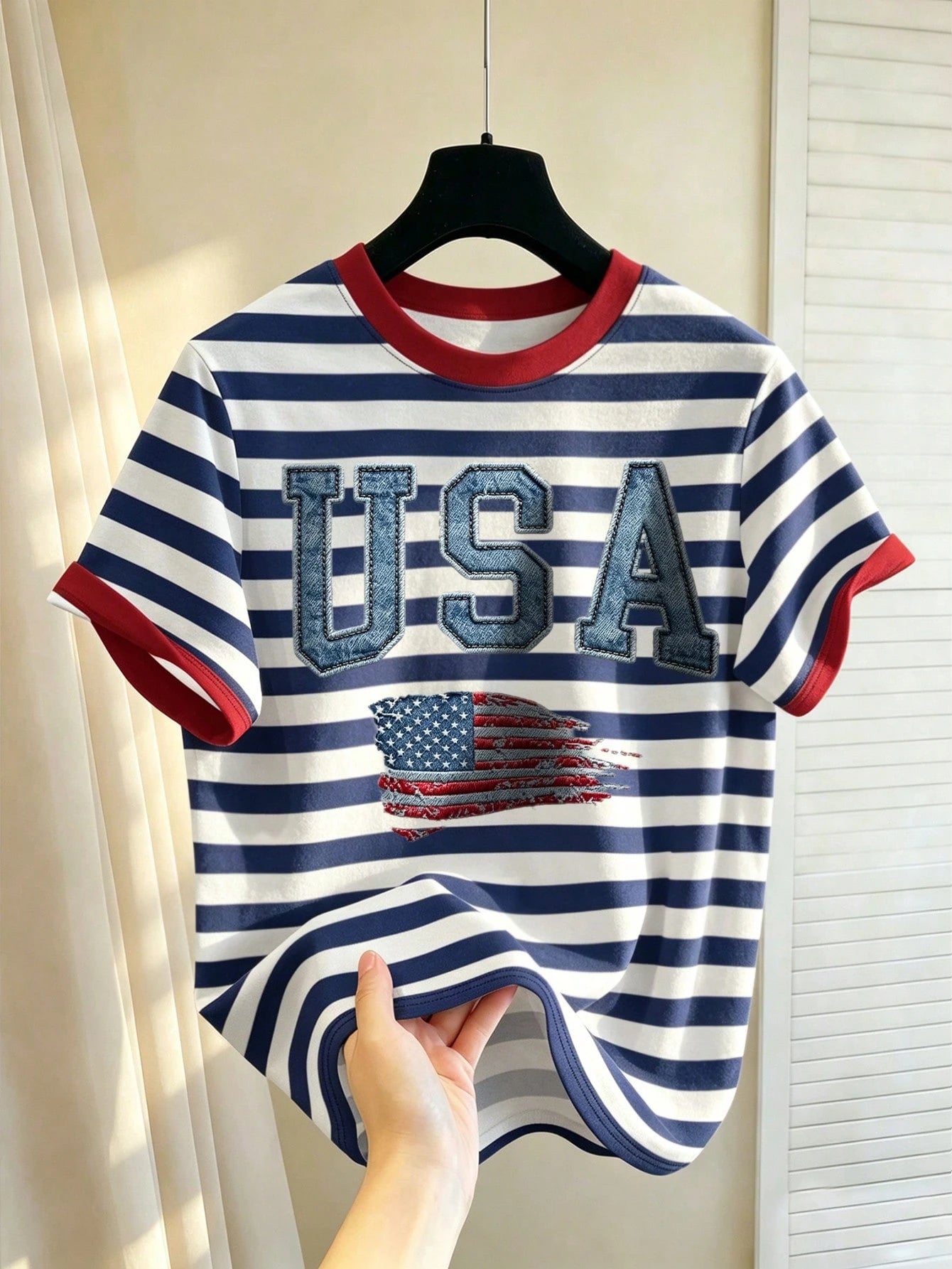 Manfinity Hypemode Men's USA Flag Blue And White Stripe T-Shirt,Patriotic Independence Day Casual Top For Summer,Streetwear,Going Out,4th Of July,Women,Teens & Students