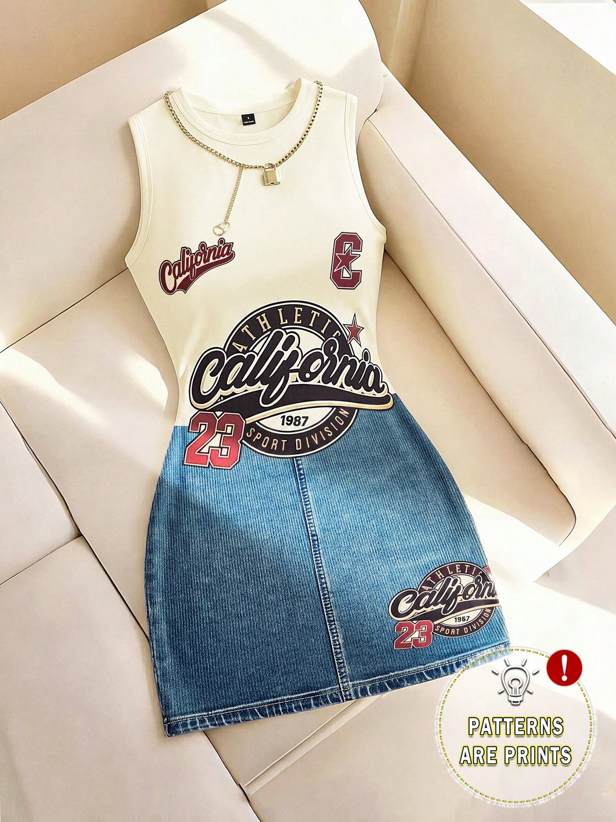 Women's Casual Letter Print Denim Effect Mini Dress