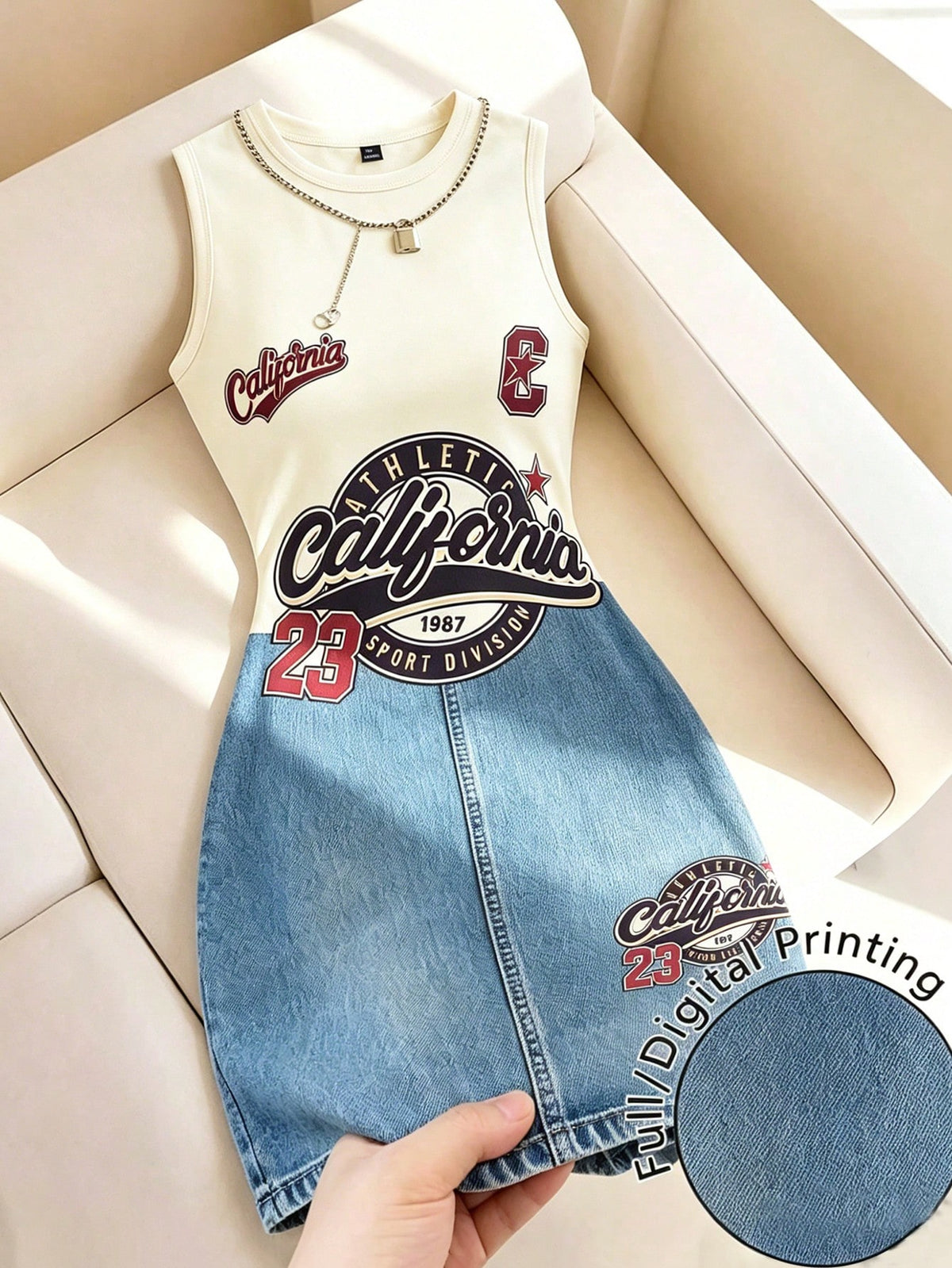 Women's Casual Letter Print Denim Effect Mini Dress