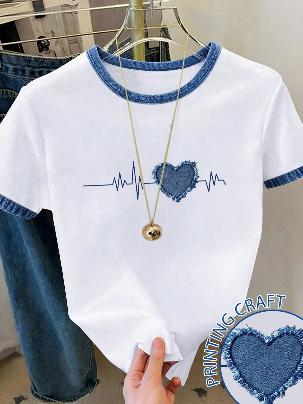 Girls' Casual Denim Effect Short Sleeve T-Shirt