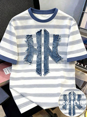 Men's Casual Striped Logo Print Short Sleeve T-Shirt