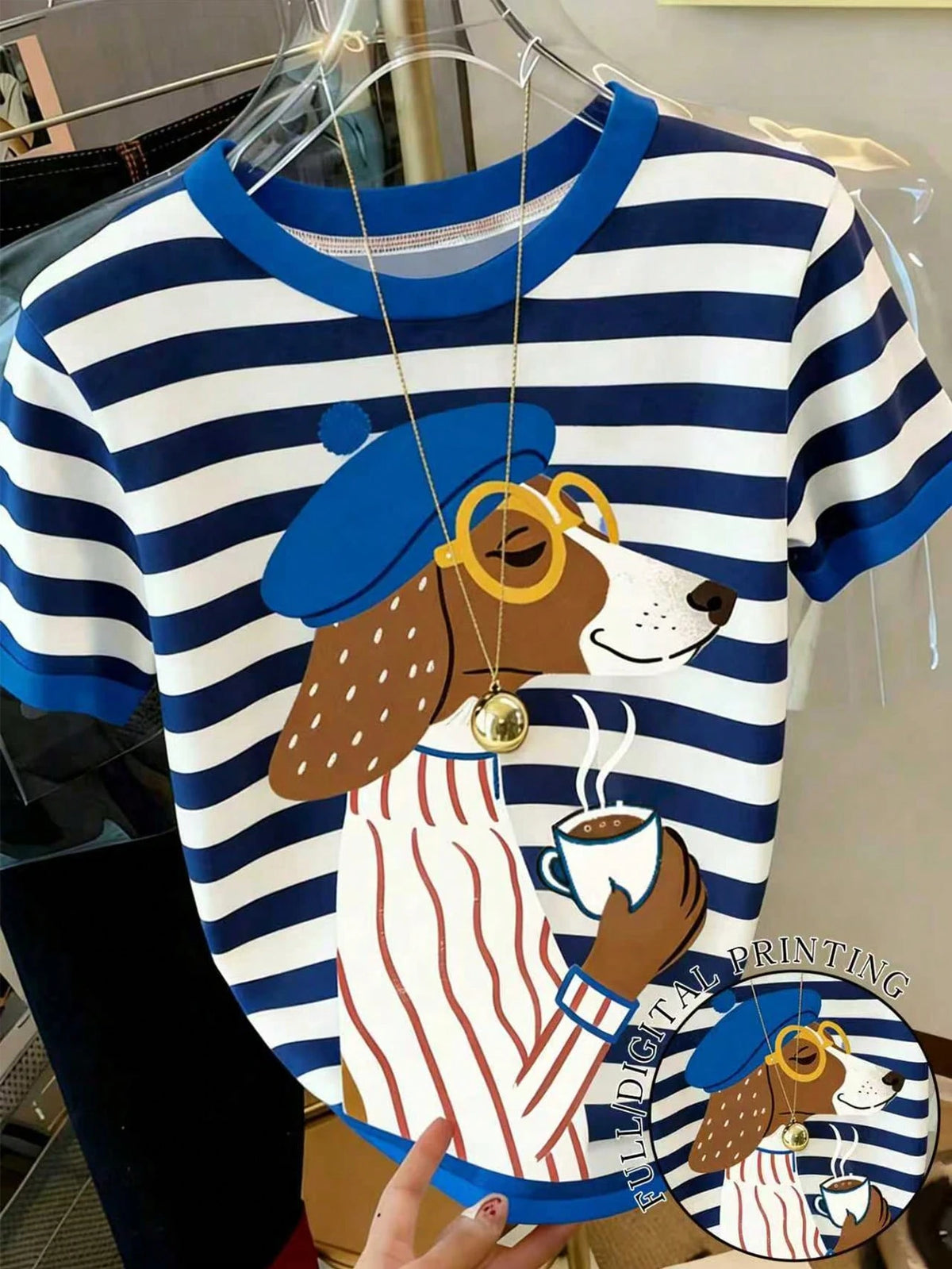Women's Vintage Dog Coffee Graphic Striped T-Shirt