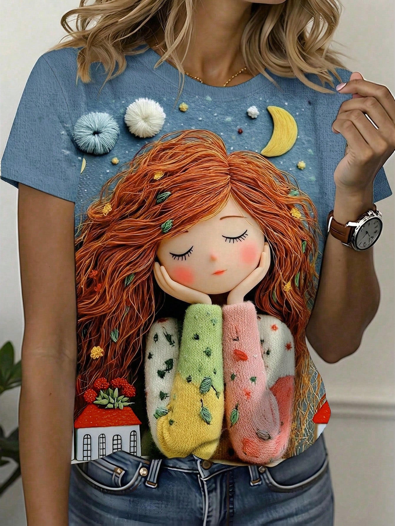 Women's Cute Cartoon Moon Print Round Neck Short Sleeve T-Shirt