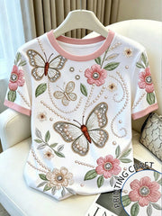 Women's Romantic Butterfly Floral Print Contrast Trim T-Shirt