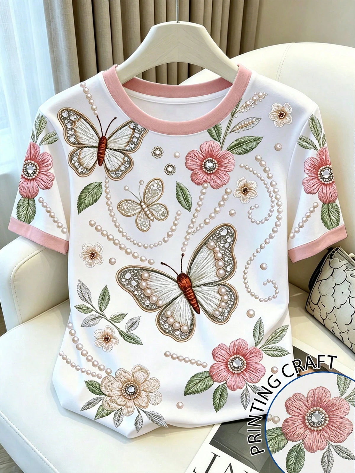 Women's Romantic Butterfly Floral Print Contrast Trim T-Shirt