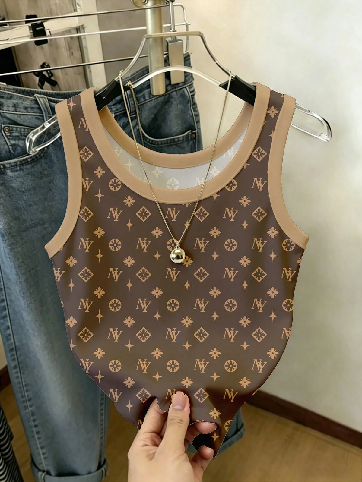 Women's Summer Round Neck Sleeveless Printed Crop Tank Top