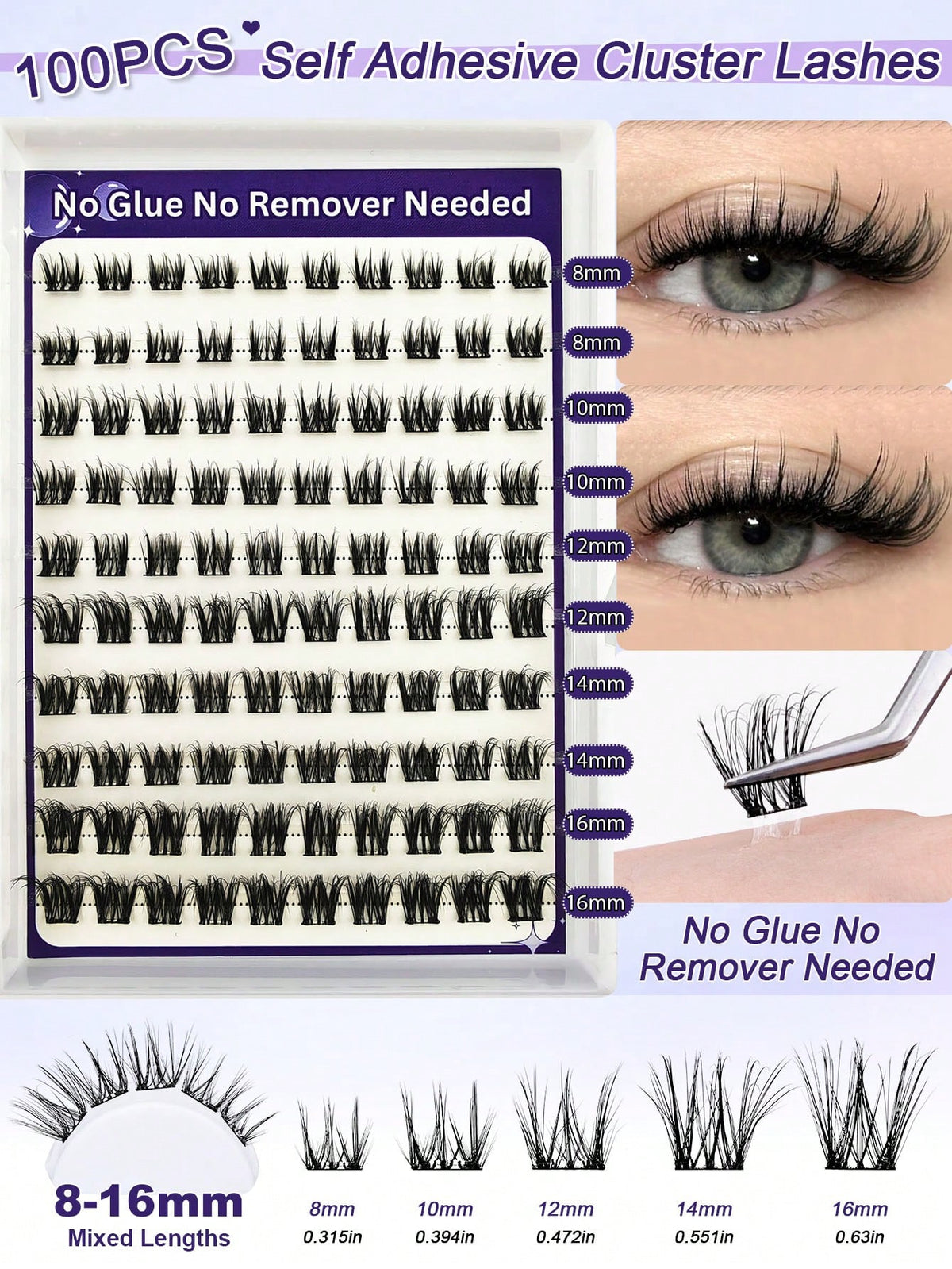 Women's 100-Piece C Curl Self-Adhesive Cluster Eyelashes Set