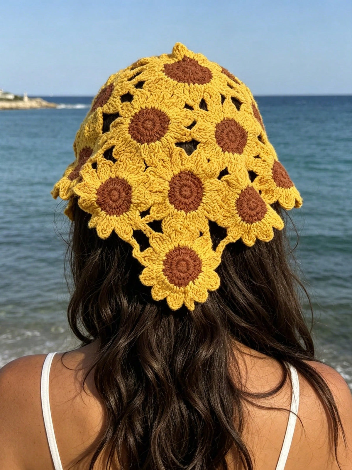 Women's Bohemian Sunflower Hollow Knit Triangle Hair Scarf