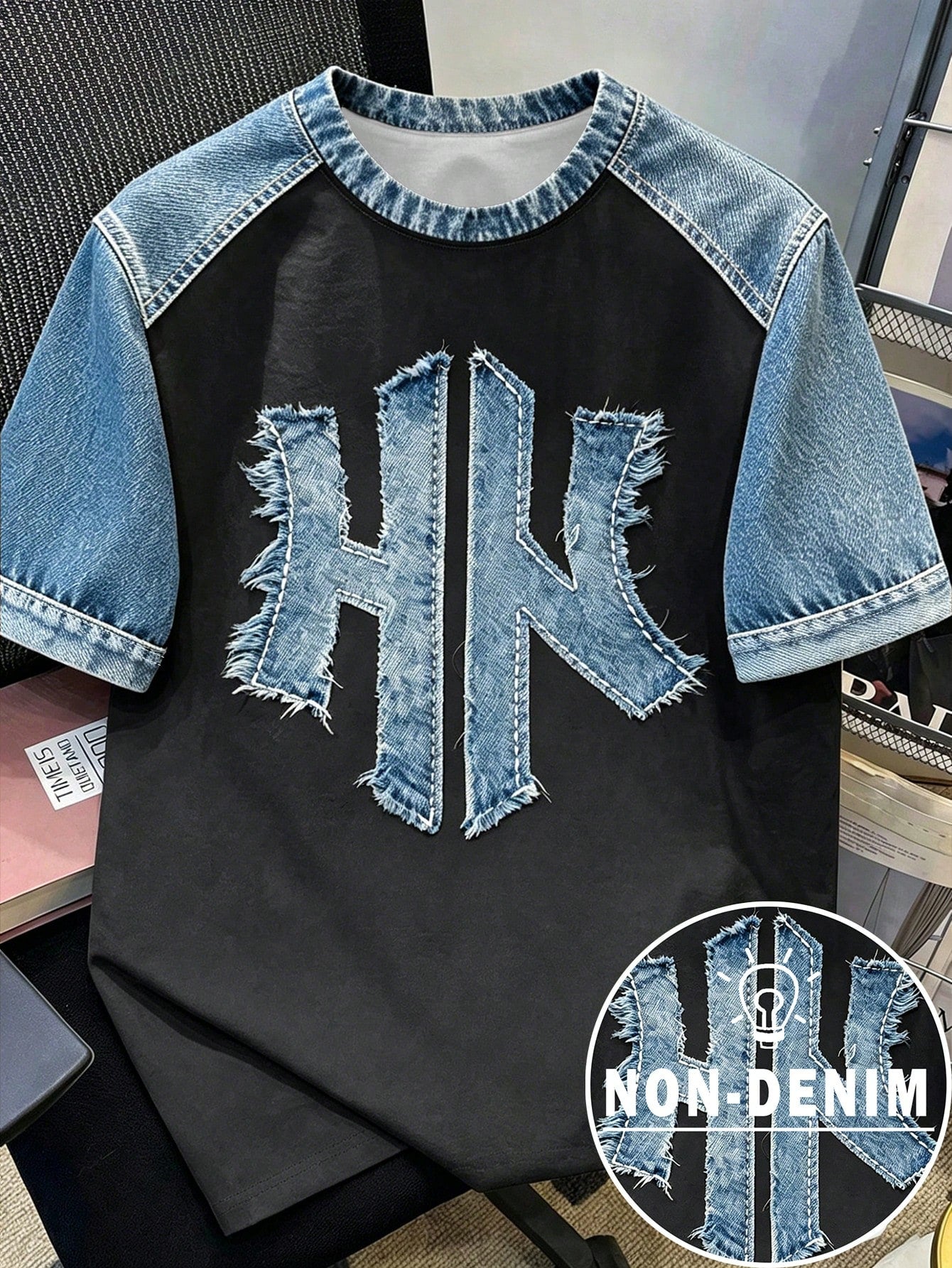Men's Vintage Faux Denim Graphic Print Short Sleeve T-Shirt