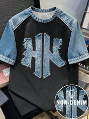 Men's Vintage Faux Denim Graphic Print Short Sleeve T-Shirt