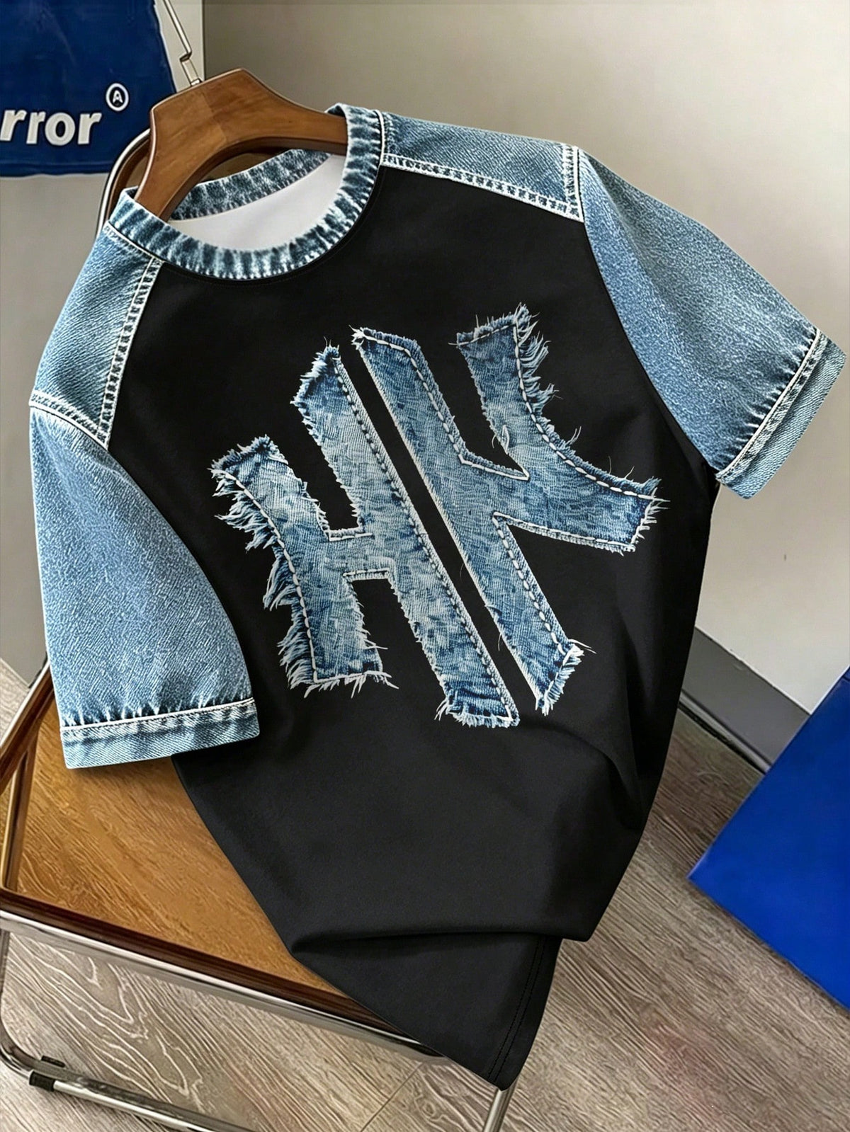 Men's Vintage Faux Denim Graphic Print Short Sleeve T-Shirt