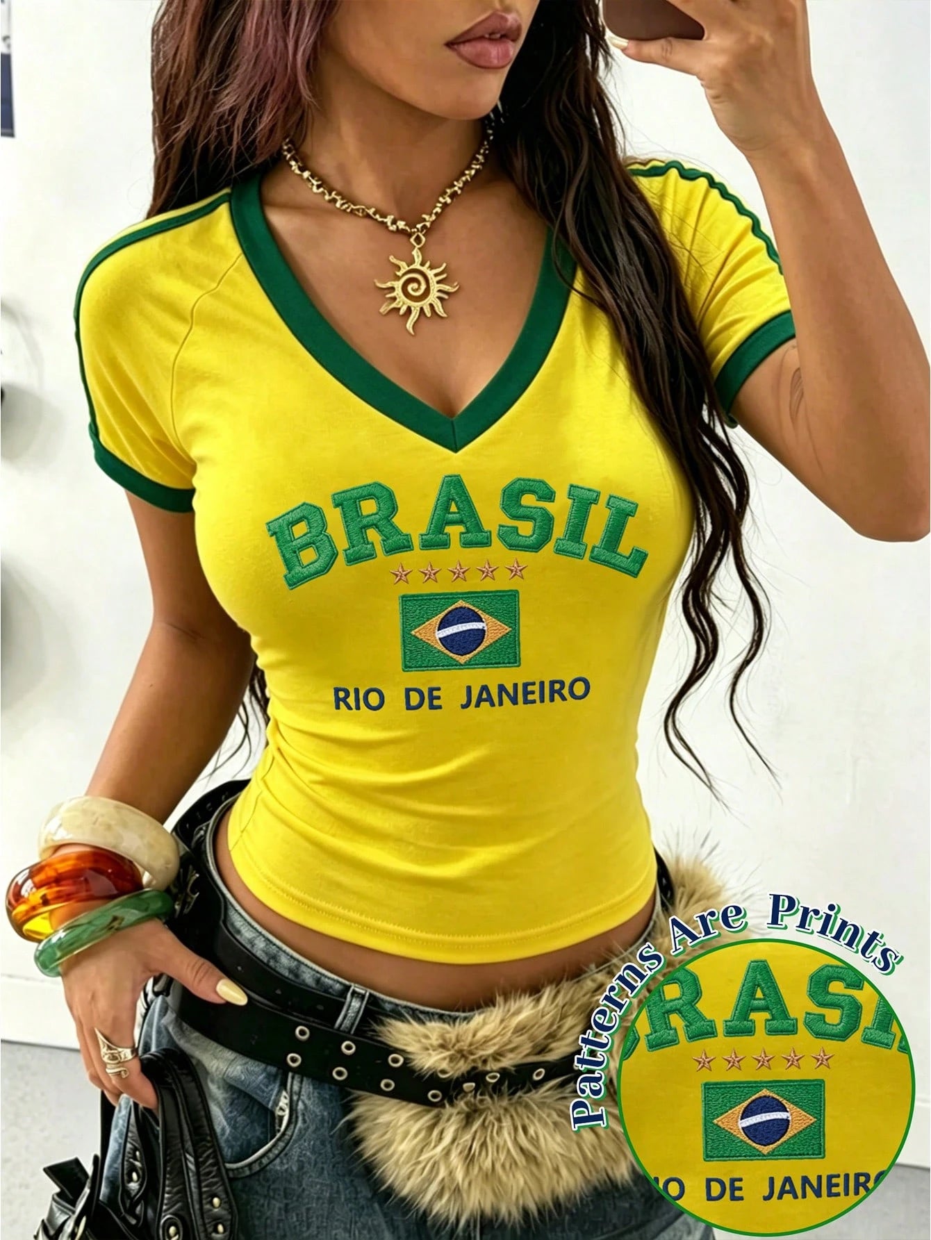 Women's Brazil Letter Print V-Neck Short Sleeve Crop T-Shirt