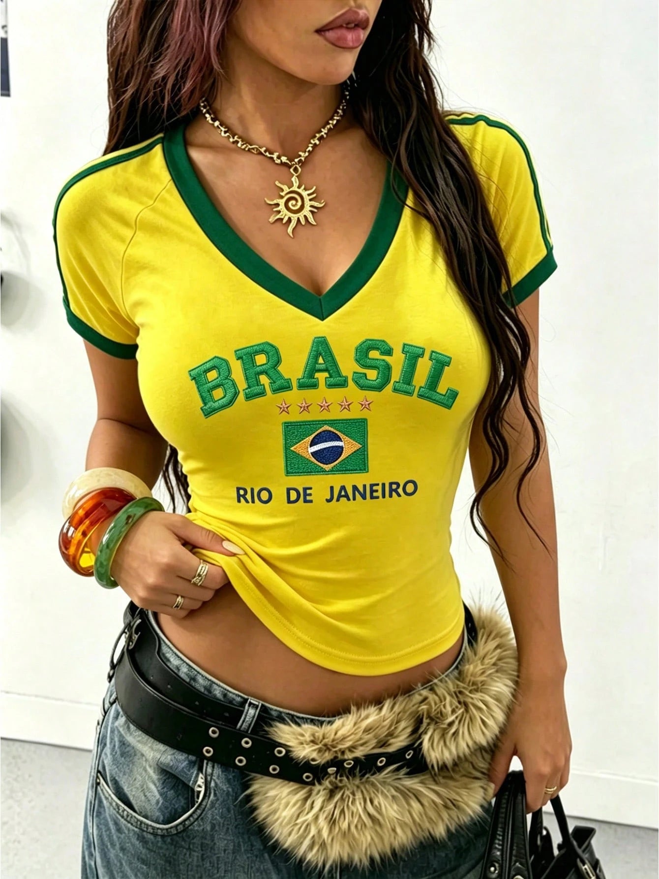 Women's Brazil Letter Print V-Neck Short Sleeve Crop T-Shirt