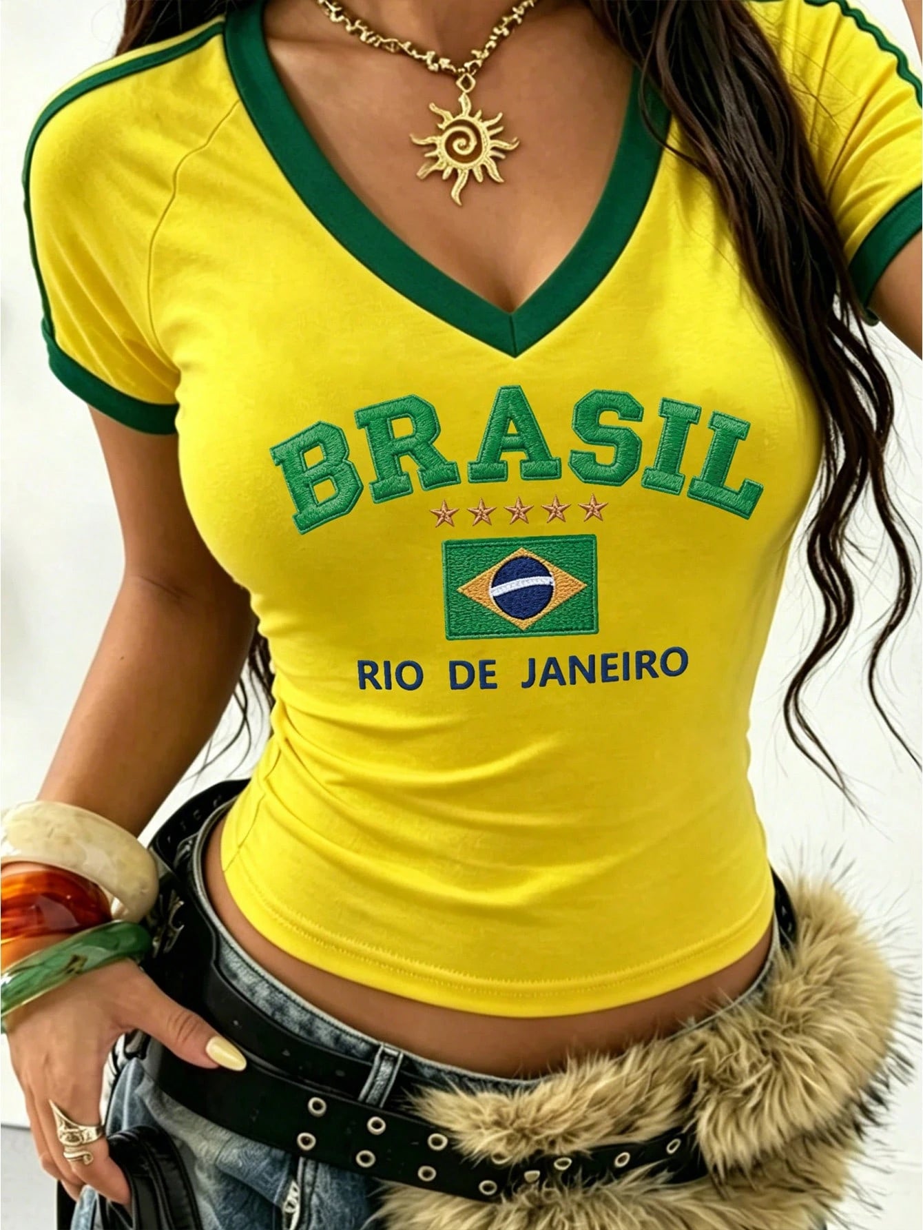 Women's Brazil Letter Print V-Neck Short Sleeve Crop T-Shirt