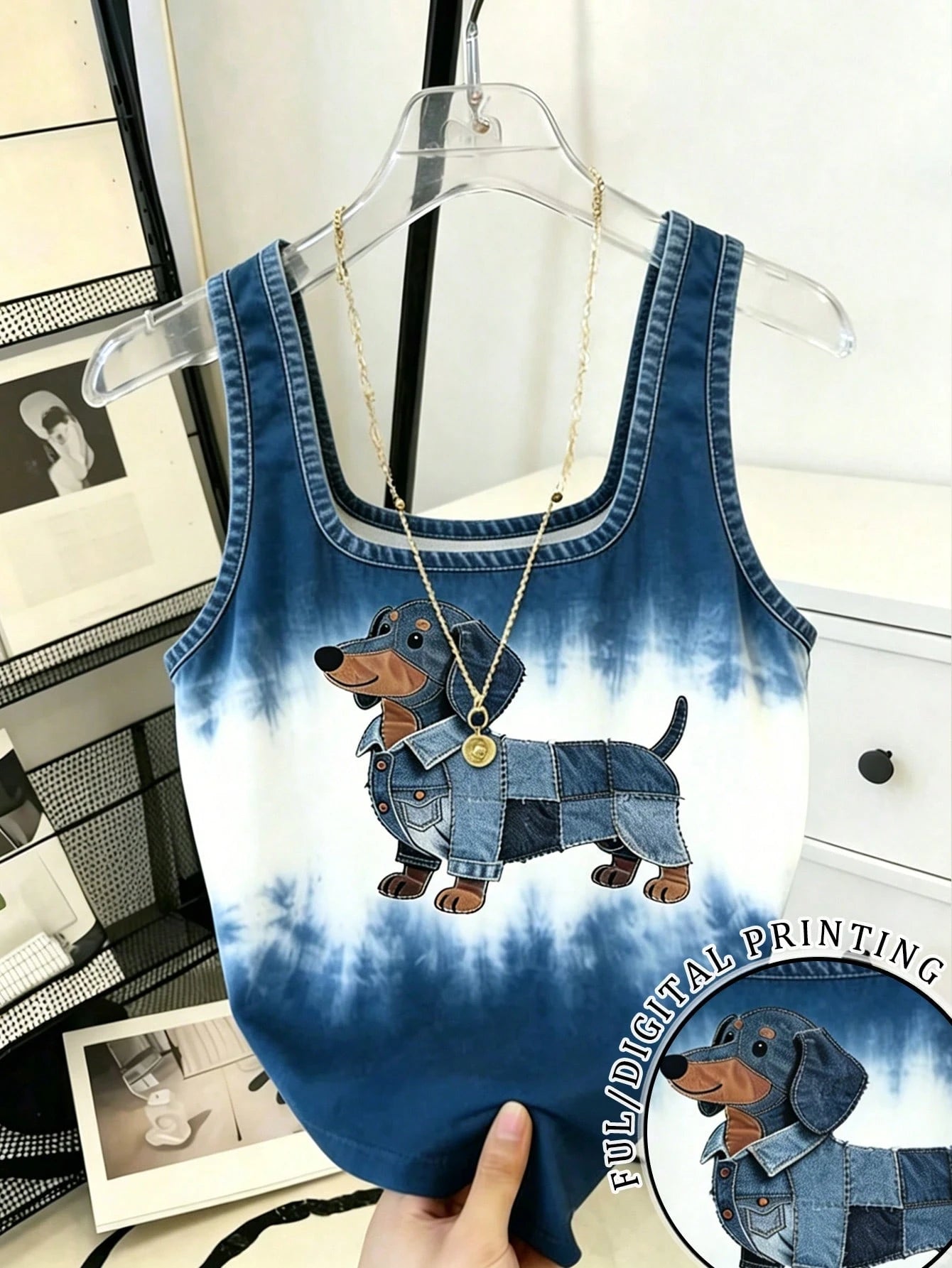 Resyla Women's Denim Effect Dog Print Tank Top